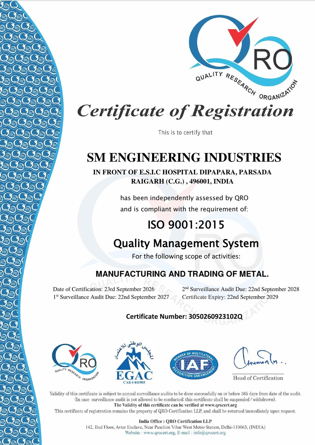 ISO 9001:2015 certificate of registration, SM Engineering Industries